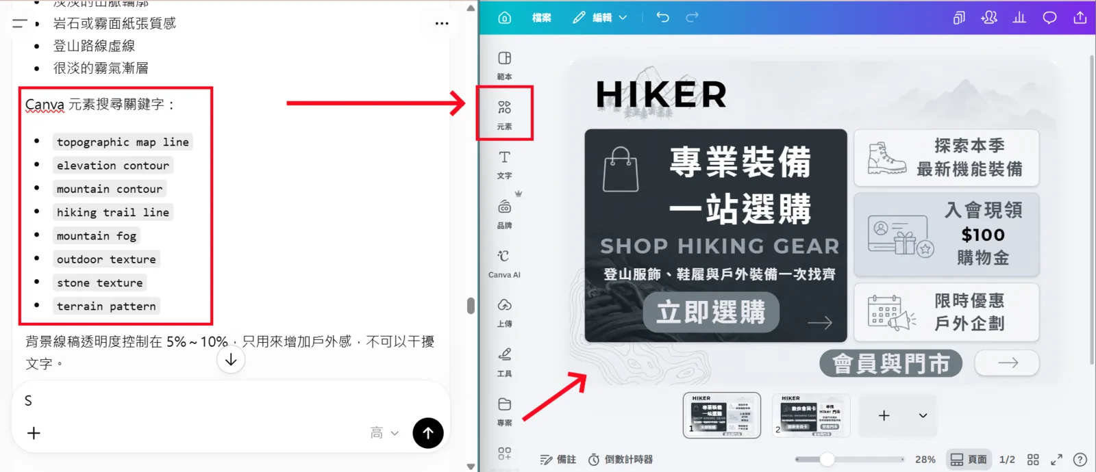 左側為 ChatGPT 提供的 Canva 元素搜尋關鍵字，右側為 Canva 元素面板加入等高線裝飾後的圖文選單