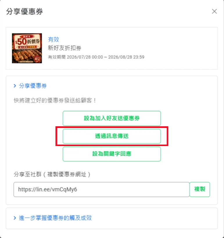 分享優惠券對話框，可設為加入好友送優惠券、透過訊息傳送、設為關鍵字回應或複製優惠券網址