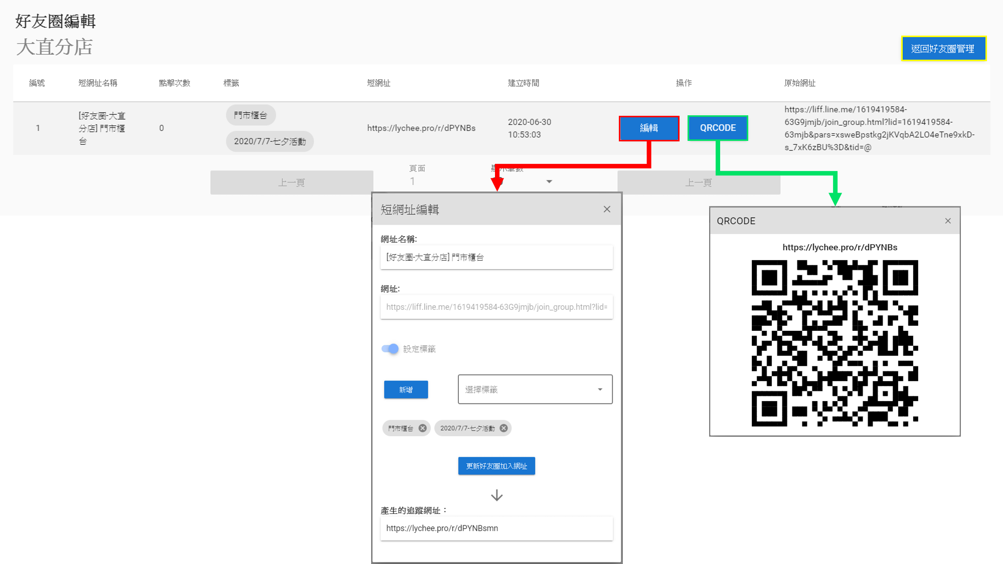 您可以在此頁面查看不同的加入連結被點擊次數，並且可以修改每一個連結的名稱、標籤設定，或是查看QRcode。